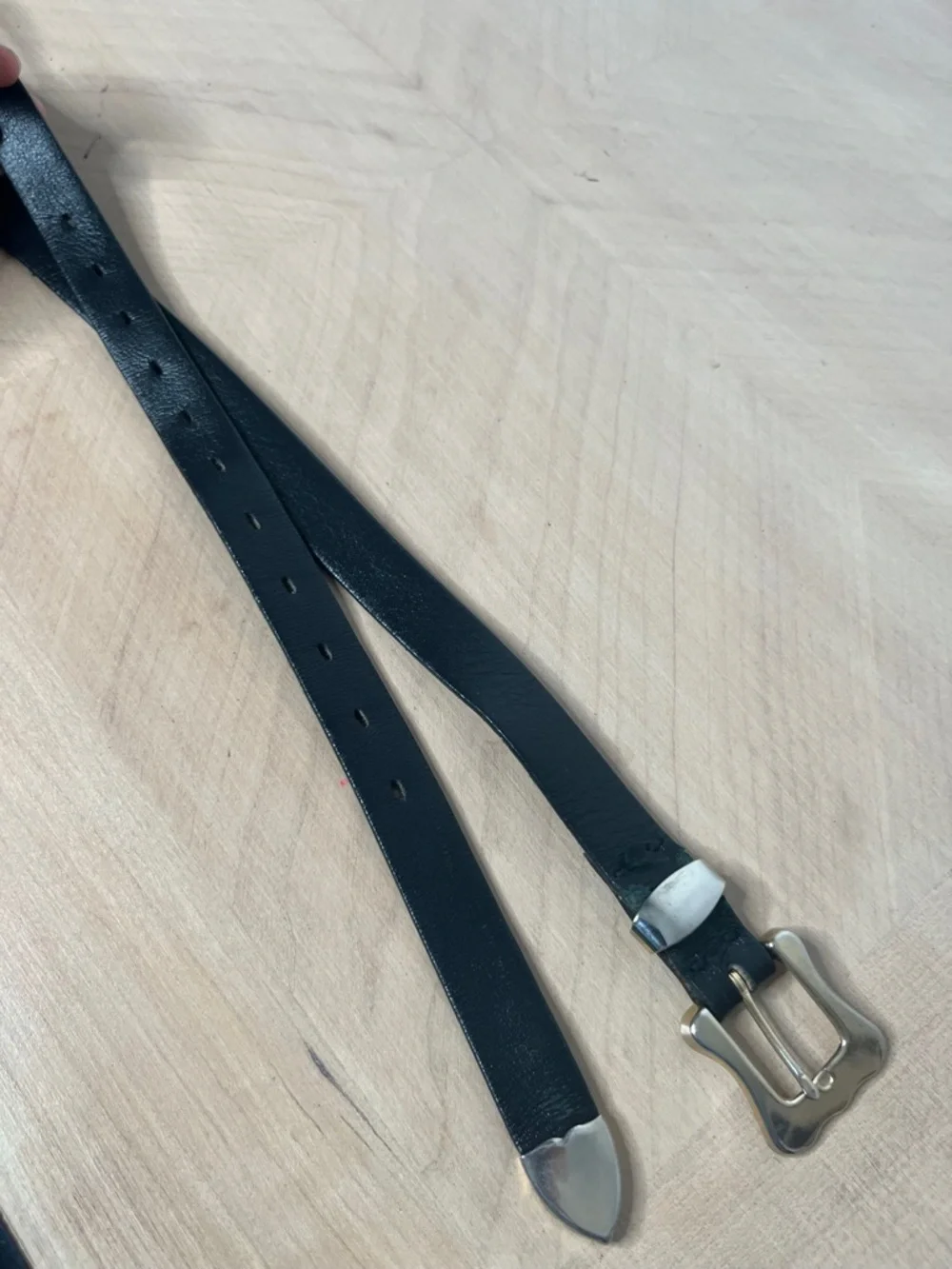 Thin Black Leather Belt with Silver Tone Hardware Distinctive Buckle and tip M